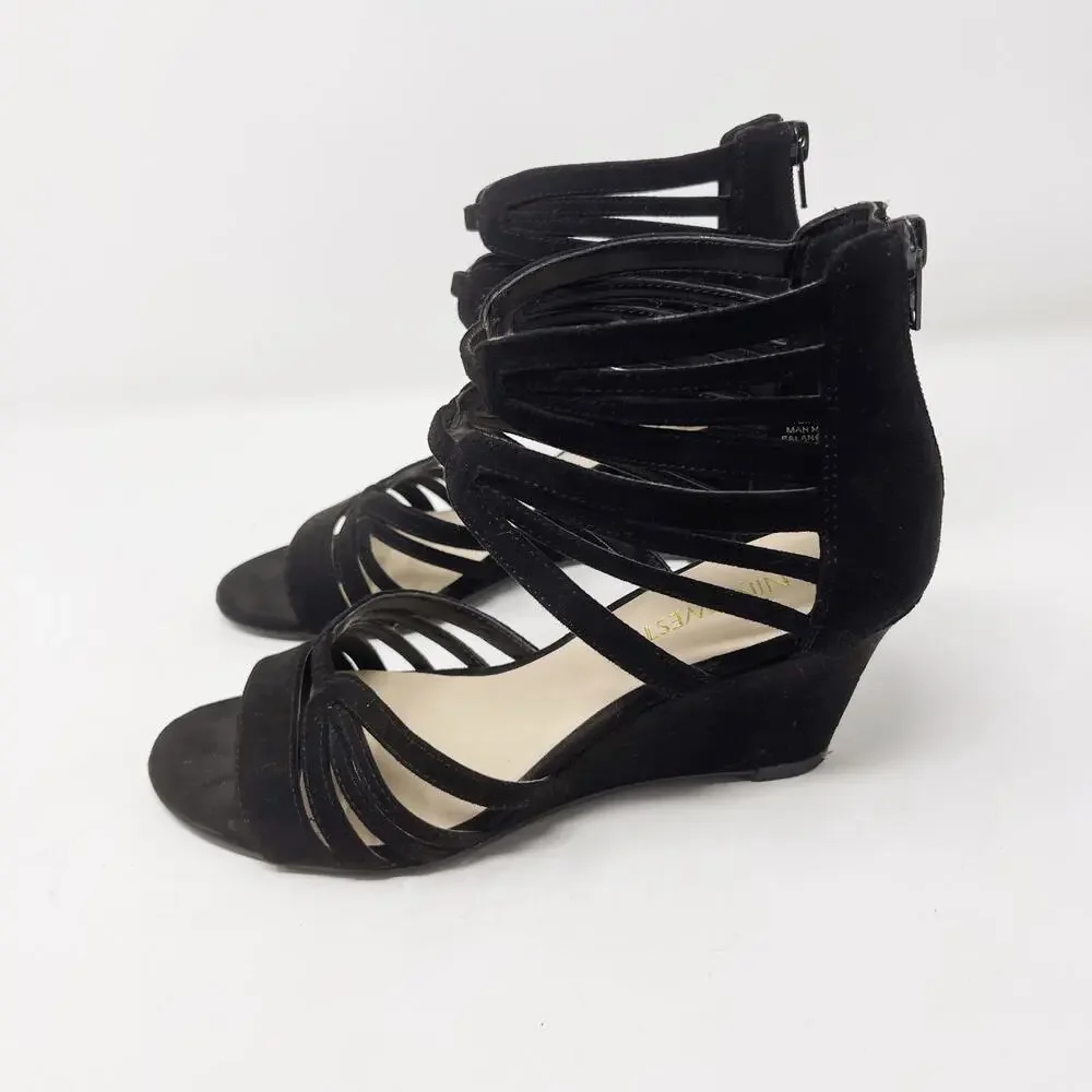 Nine West 6.5 Black Faux Suede Roseo Strappy Wedge Sandals Heeled Zip Back